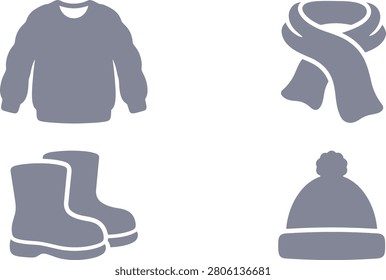 Collection of winter clothing items including a sweater, scarf, boots, and hat on a white background
