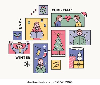 Collection of winter collage illustrations. flat design vector minimal style.