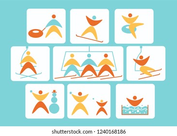 Collection of winter colorful linear navigation signs icons representing skiing and other winter outdoor activities, snow ubing, snowball, hot tub, snowboarding, snowman making,. Design for ski resort