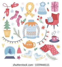 Collection of winter cozy elements, hygge doodle set style. Holiday, cute interior decorations and knitted clothes