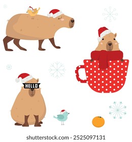 Collection of winter cute capybaras Happy New Year.  Knitted scarf and hat. Vector illustration. Isolated animal character capybara rodent.