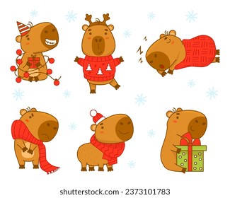 Collection winter cute capybaras with New Years garland, gift, sleeping and in Christmas sweater, knitted scarf and hat. Vector illustration. Isolated animal character capibara rodent