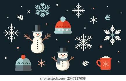 Coleção de Elementos e Ícones de Design de inverno - floco de neve, boneco de neve, cacau, chapéu