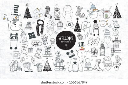 Collection of winter doodles on textured paper background