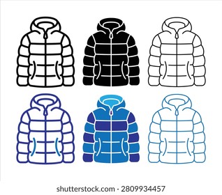 Collection of winter down jacket icons including outline and filled versions. Perfect for fashion design apparel icons and weather related graphics. Multiple color variations for outdoor clothing.