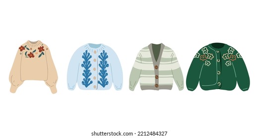 Colección de ropa de invierno, elegante y de moda, saltador de lana, cardigan, chaqueta. Conjunto de sudaderas calientes. Ilustración plana colorida aislada en fondo blanco