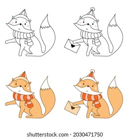 Collection of winter fox in a scarf and hat and with an envelope. Animal character - color and line drawing, outline. Vector illustration. For kids collection, coloring book, print, design