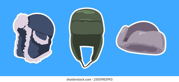 Collection of winter fur hat, trapper, earflap, ushanka hat with flat style. Isolated on blue background. Vector illustration.