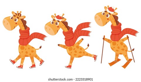 Collection winter giraffes. Cute animal skating, skiing, winter sports. Vector illustration. Funny character giraffe in cartoon style for design of your cards, printing, decor and kids collection