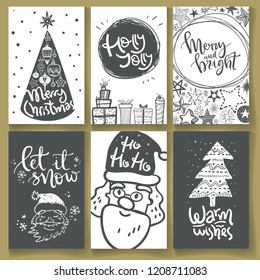 Collection of winter greeting cards with doodle hand drawn Santa, tree and gift boxes. Hand lettering. Merry Christmas, hohoho