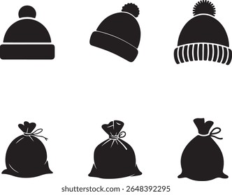 Collection of winter hat and money sack silhouette