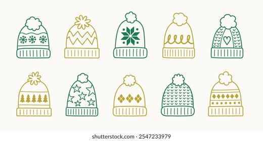 Collection of winter hats in cartoon style. Vector illustration