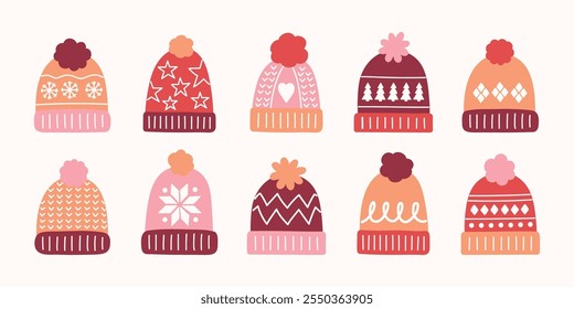 Collection of winter hats in cartoon style. Vector illustration