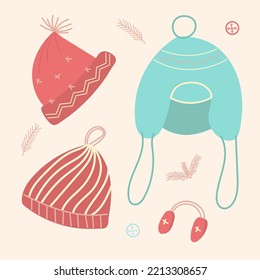 Collection of winter hats. Isolated vector elements. A set for various designs. Outerwear, knitted hats in blue and red.