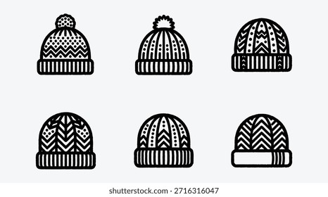 Coleção de chapéus de inverno com padrões e pom poms para o tempo frio