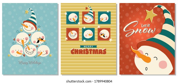 Collection of winter holiday card designs, Cute and funny snowman faces. 