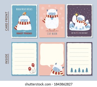 Colección de tarjetas de vacaciones de invierno con un bonito personaje yeti. Para el frontal de la tarjeta y los diseños de interior coordinados. 