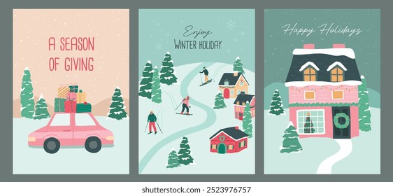 Collection of Winter Holiday Christmas car with gifts and skiing people vector illustration