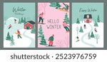 Collection of Winter Holiday Christmas mountain landscape with skiing people vector illustration