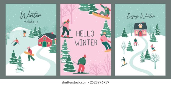 Colección de Invierno Festiva Navidades paisaje montañoso con gente de esquí Ilustración vectorial