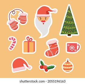 Collection of winter holiday stickers. Hand drawn Christmas and New Year stickers design. Vector santa, christmas tree, mittens, mug, lollipop, sock, gift box, sants red hat. Cute cartoon stickers 