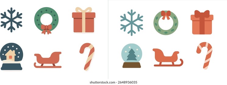 A collection of winter holiday symbols includes snowflakes, wreaths, festive gifts, and a snow globe featuring a cozy house. The vibrant colors enhance the seasonal spirit.