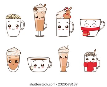 Collection of winter hot drinks in mugs and glasses. Happy kawaii character. Vector illustration