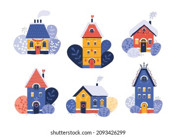 Collection of winter houses elegantly decorated for the holiday. Cozy village house on the background of a winter landscape. Christmas and Happy New Year! Hand drawn illustration in cartoon flat style