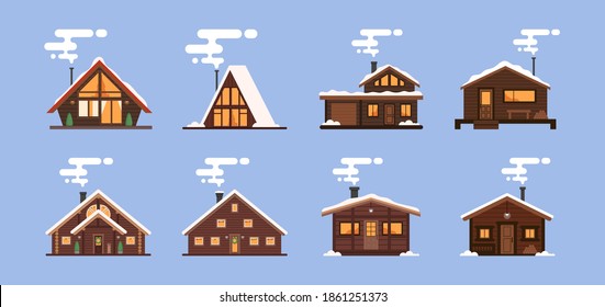 Collection of winter houses. Snow-covered Christmas houses and country cottages, alpine chalet, mountain house. Cartoon style, flat illustration. For websites, wallpapers, posters or banners