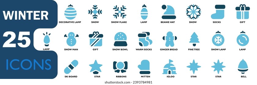 Collection of winter icons. Contains snow, Christmas trees, warm gloves, skis, Christmas decorations, snowmen, ribbons, gingerbread cookies.flat color icon style. for use in apk, web and design