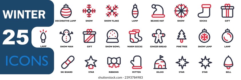 
Collection of winter icons. Contains snow, Christmas trees, warm gloves, skis, Christmas decorations, snowmen, ribbons, gingerbread cookies. line color icon style. for use in apk, web and design