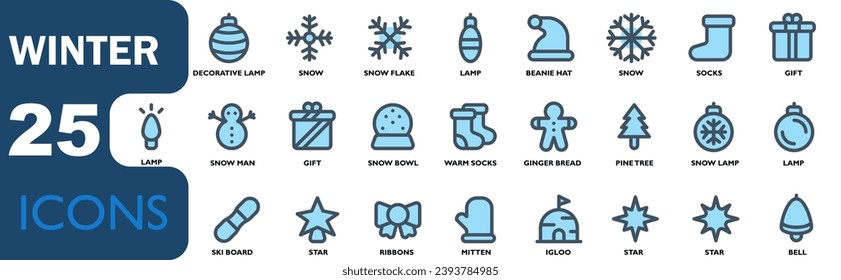 Collection of winter icons. Contains snow, Christmas trees, warm gloves, skis, Christmas decorations, snowmen, ribbons, gingerbread cookies.lineal color style. for use in apk, web and design