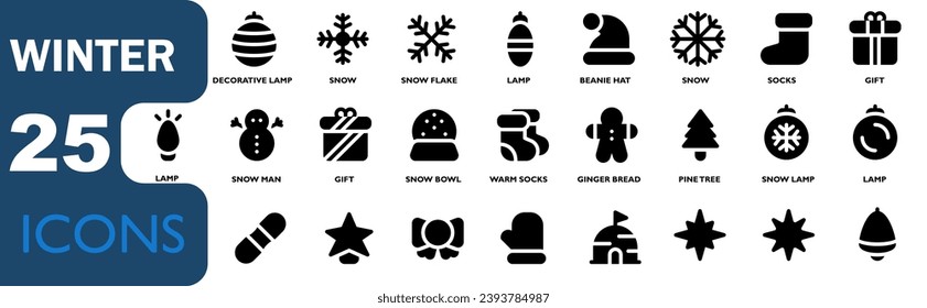 Collection of winter icons. Contains snow, Christmas trees, warm gloves, skis, Christmas decorations, snowmen, ribbons, gingerbread cookies. solid black colo icon style. for use in apk, web and design