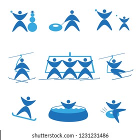 Collection of winter icons representing skiing and other winter outdoor activities, snow tubing, snowball. Design for tourist catalog, maps of ski slopes, placard, flyer. Vector illustration.