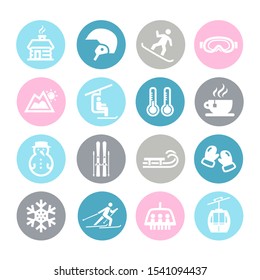 Collection of winter icons representing skiing and other winter outdoor activities