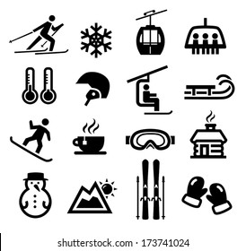 Collection of winter icons representing skiing and other winter outdoor activities.