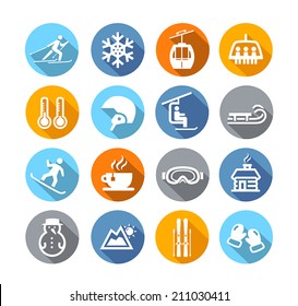 Collection of winter icons representing skiing and other winter outdoor activities in flat design style