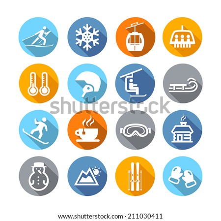 Collection of winter icons representing skiing and other winter outdoor activities in flat design style
