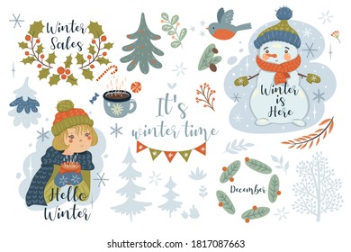 Collection of winter items isolate on white background. Vector graphics.