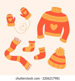 Collection of winter knit clothes. Woolen pullover, hat, scarf, socks, mittens. Knitwear elements. Vector illustration