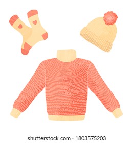 Collection of winter knitted clothes isolated on white background - woolen jumper or sweater, hat with pompon and socks. Flat cartoon vector illustration in flat design with texture.