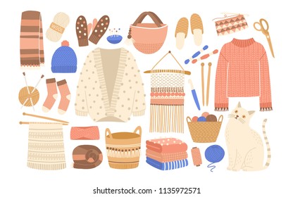 Collection of winter knitted clothes and knitting tools isolated on white background - woolen jumper, cardigan, scarf, hat, mittens, socks, needles, hook, yarn. Flat cartoon vector illustration