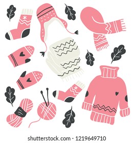 Collection of winter knitted clothes and knitting tools isolated on white background - woolen jumper, cardigan, scarf, hat, mittens, socks, needles, hook, yarn. Scandinavian christmas illustration