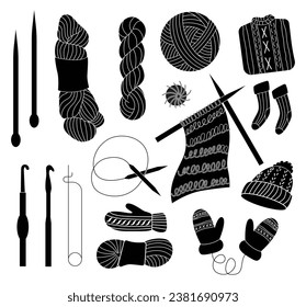 Collection of winter knitted clothes silhouette and knitting tools isolated on white background - woolen sweater, scarf, hat, mittens, socks, needles, hook, yarn. Flat vector illustration