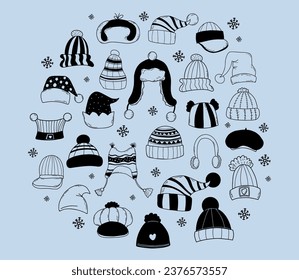 Collection winter knitted hats. Isolated hand drawings doodle of headdresses. Vector illustration.