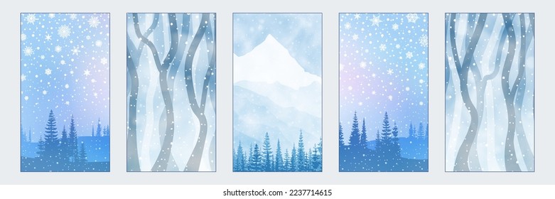 Collection of winter landscapes. Set of winter backgrounds for social media stories. Vertical banner and wallpaper for phone.