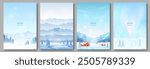 Collection of winter landscapes. Snow-covered mountains, fir trees in snowdrifts, rural houses or hotels of a ski resort. Snowfall. Design for card, flyer, invitation, advertisement, brochure.