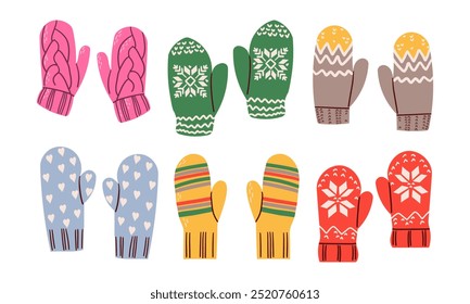 Collection winter mitten isolated on white. Doodle hand drawn set pair of mittens in different colors. Warm cozy elements of clothing. Knitted seasonal accessory