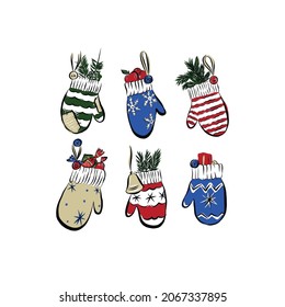 Collection of winter mittens. Wind-tree decor for New Year cards. Hand drawn flat icons. Vector illustration. 