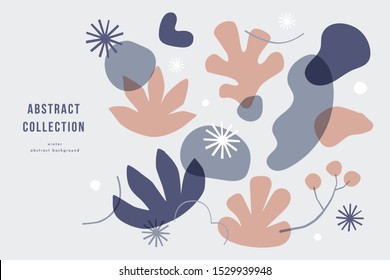 Collection of winter modern abstract spots with natural colorful shapes. Trendy pictures in a flat style. Contemporary graphic design. Can be used for card, poster, cover, invitation, web, brochure.
